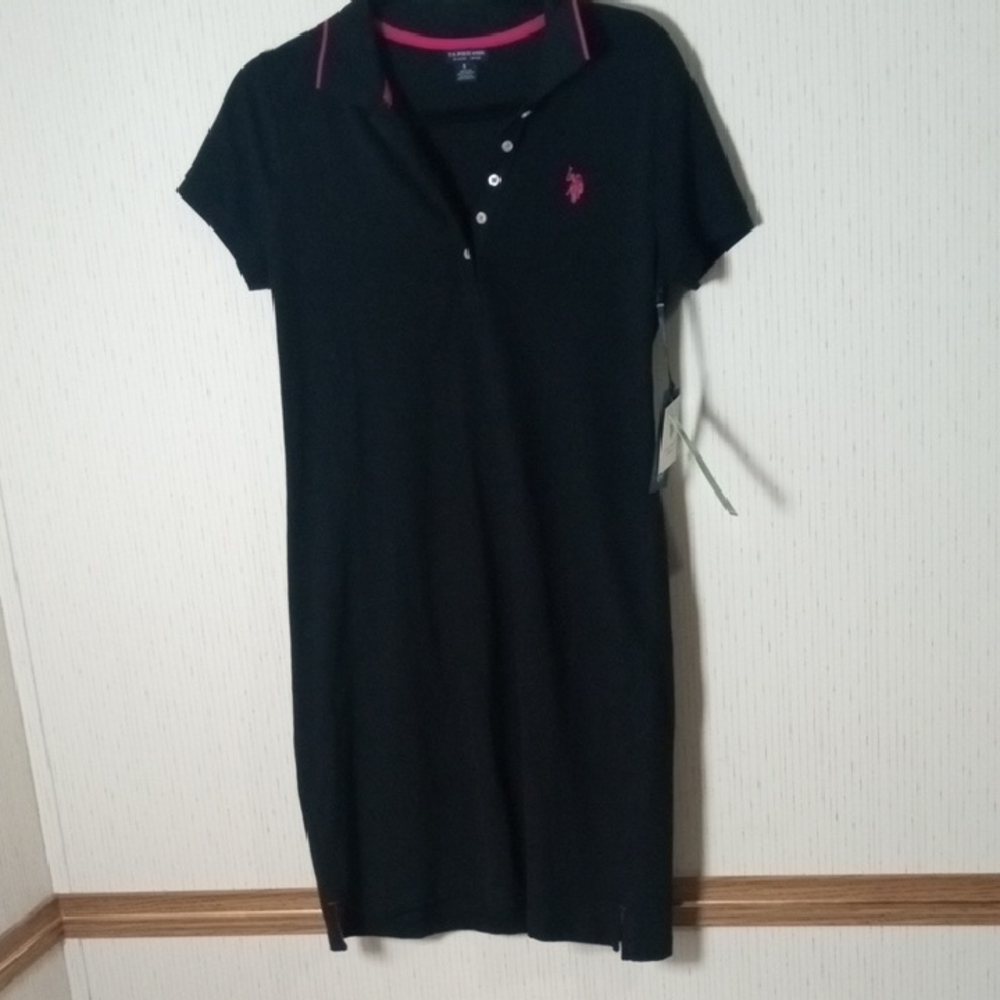 U.S. Polo Assn. Black Mini Polo Dress with Pink Trim, Sporty, Classic,Comfort,